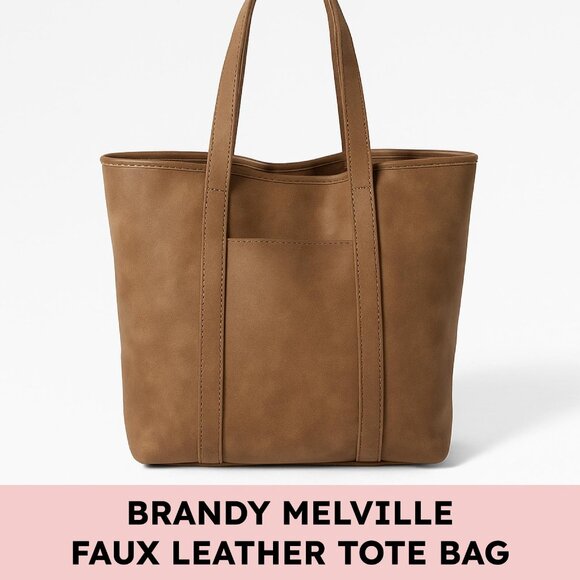 Brandy Melville Handbags - Brandy Melville faux leather tote bag zip pocket key leash neutral brown